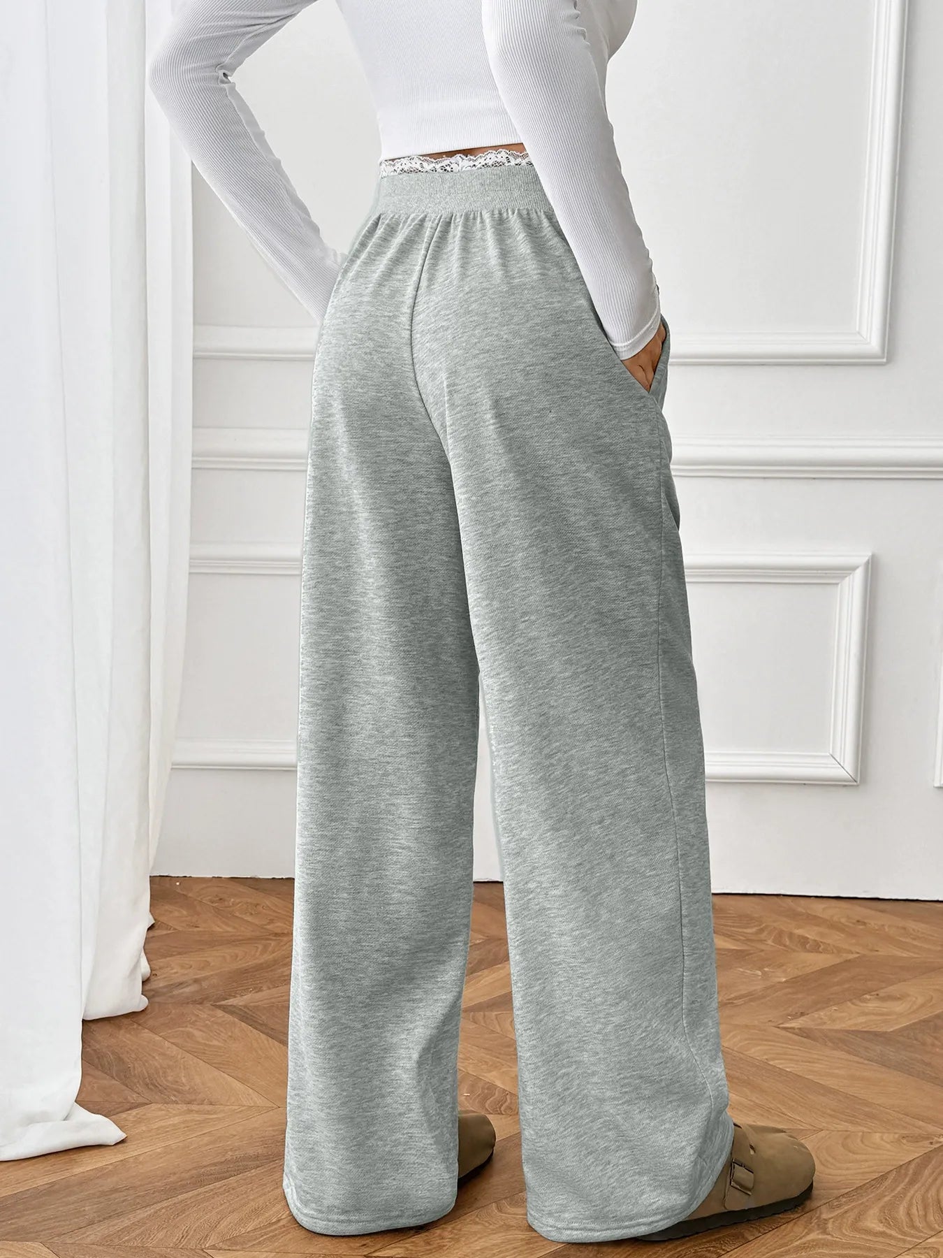 Lace Faux Two-Piece Straight Leg Trousers