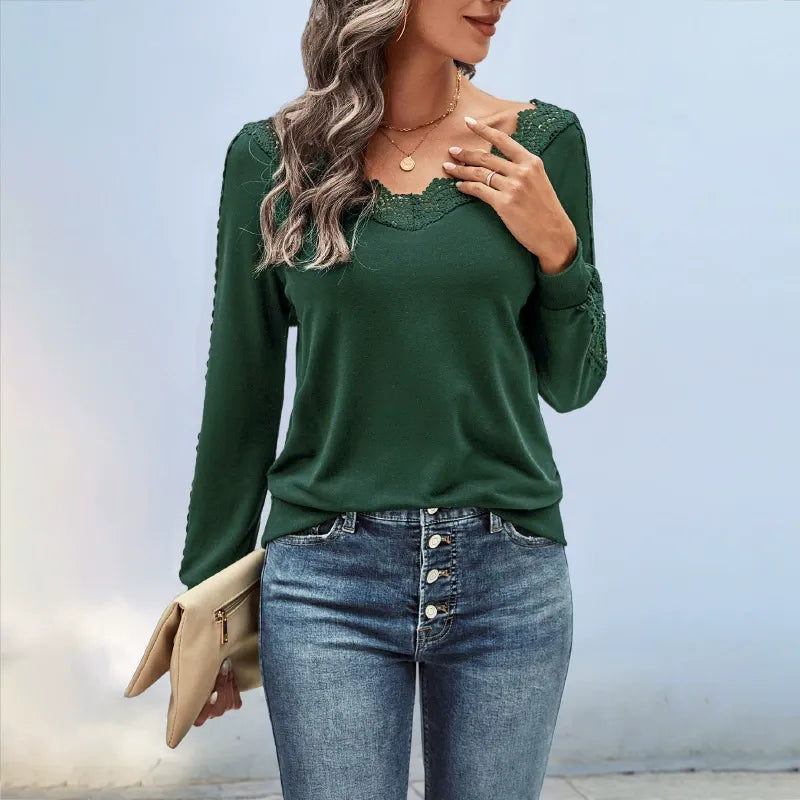 Solid-Color Lace V-Neck Long-Sleeve T-Shirt
