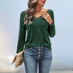 Solid-Color Lace V-Neck Long-Sleeve T-Shirt
