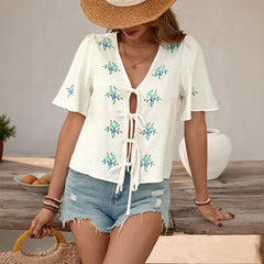 Embroidered Cardigan Top With Bow-Tie Detail