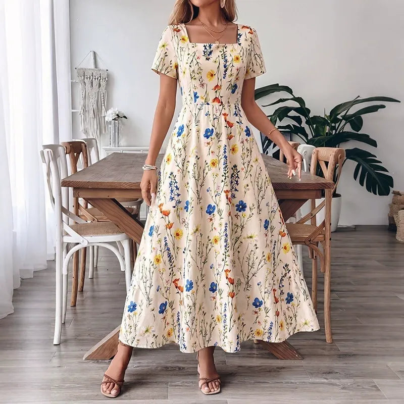 Waist-Cinching Short-Sleeve Floral Dress