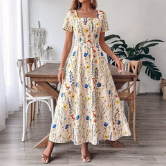 Waist-Cinching Short-Sleeve Floral Dress