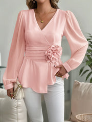 Waist-Cinching V-Neck Blouse with 3D Floral Details