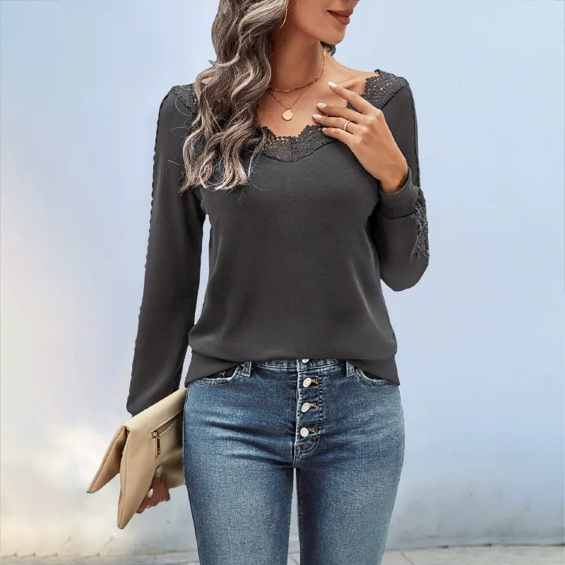 Solid-Color Lace V-Neck Long-Sleeve T-Shirt