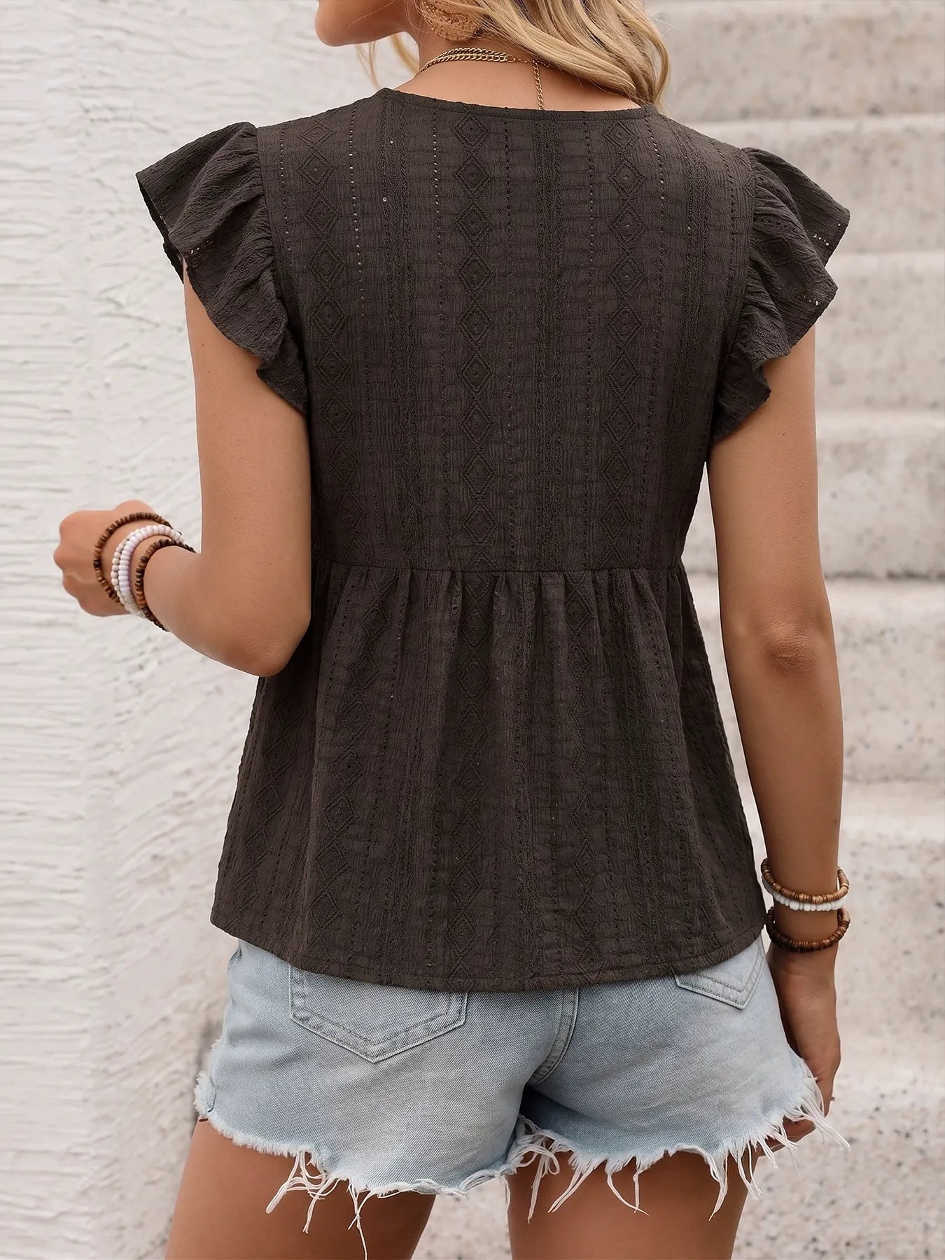 Comfortable V-Neck Flutter-Sleeve Top