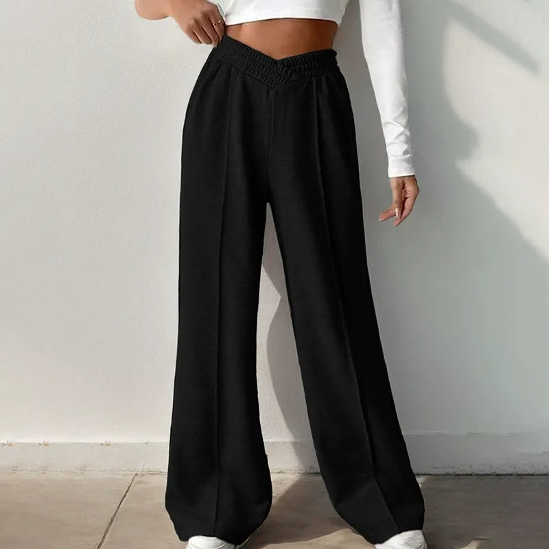 Elastic-Waist V-Waist Wide-Leg Trousers