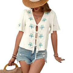 Embroidered Cardigan Top With Bow-Tie Detail