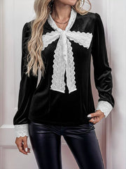 Vintage-Style Lace Bow V-Neck Blouse