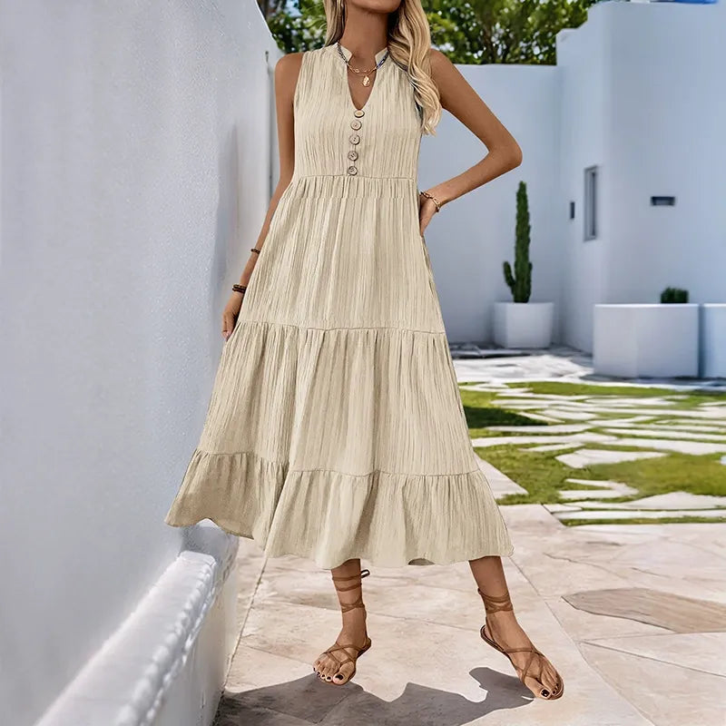 Solid-Color V-Neck Textured Dress