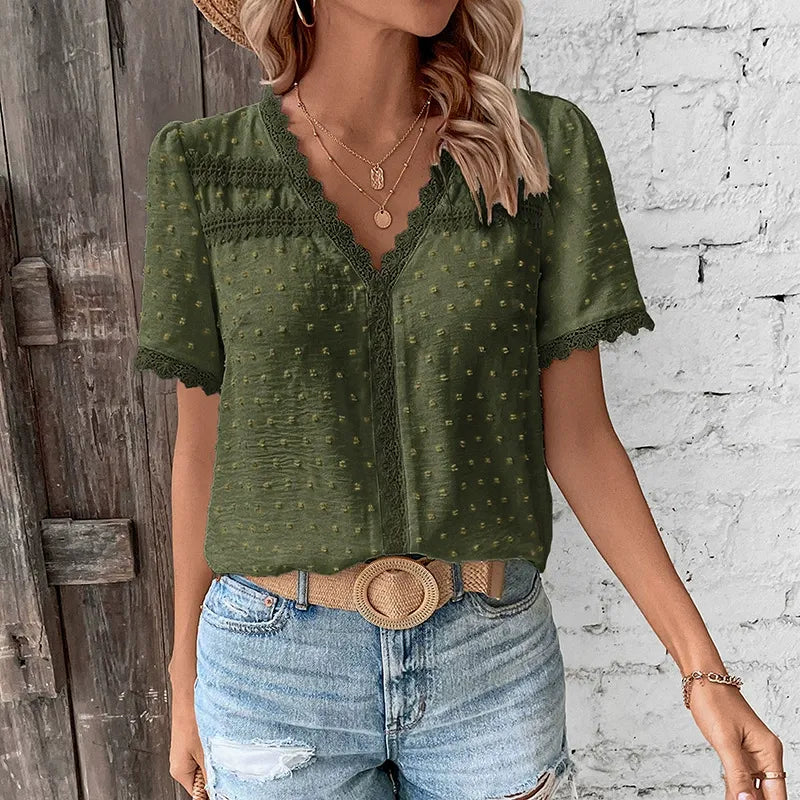 Women's Solid-Color V-Neck Lace-Trimmed Shirt
