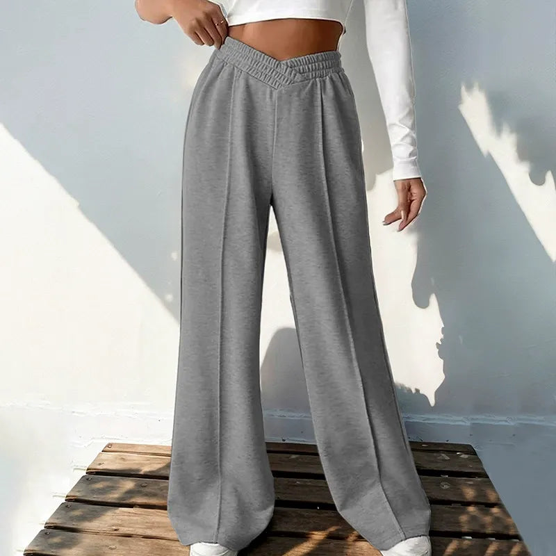 Elastic-Waist V-Waist Wide-Leg Trousers