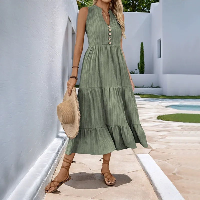 Solid-Color V-Neck Textured Dress