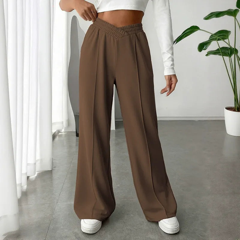 Elastic-Waist V-Waist Wide-Leg Trousers