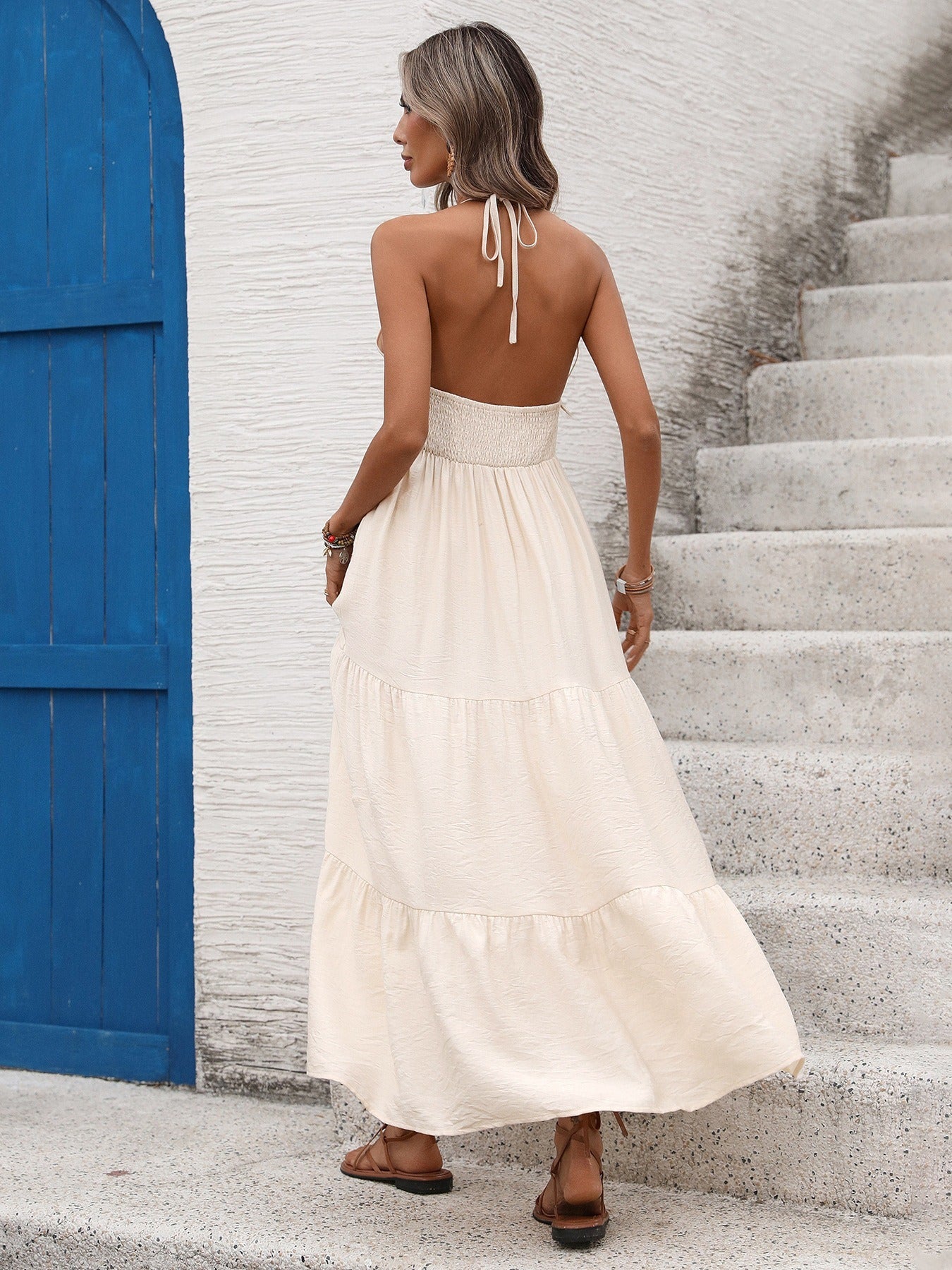 Patchwork Shell-Lace Halter-Neck Backless Dress