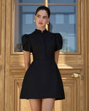 Stand-Up Collar Puffed-Sleeve Dress