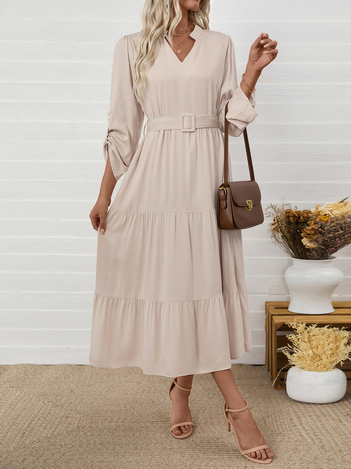 Beige Tiered Skirt With A Tie-Waist Detail