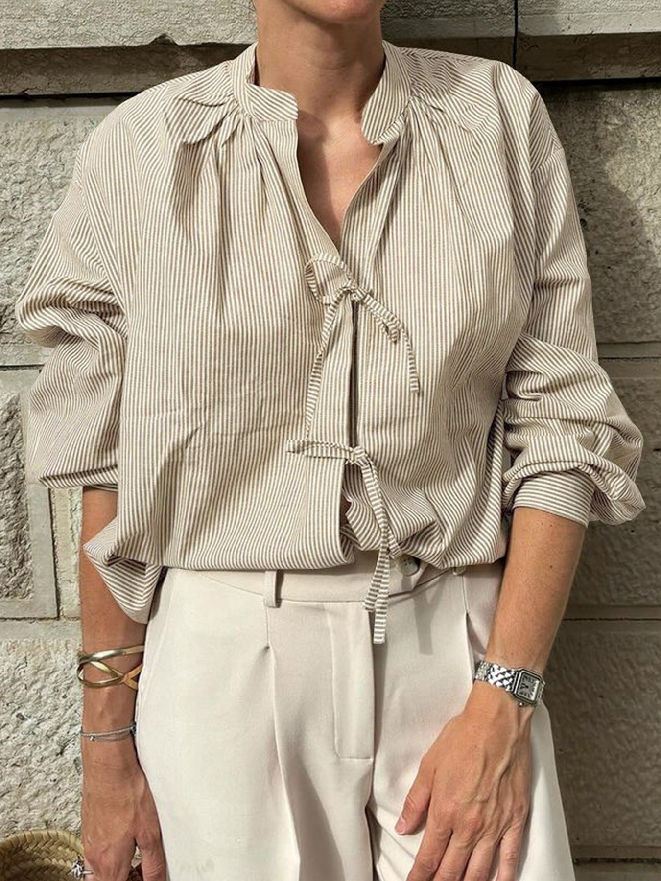 Striped V-Neck Casual Shirt With Tie Detail