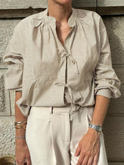 Striped V-Neck Casual Shirt With Tie Detail