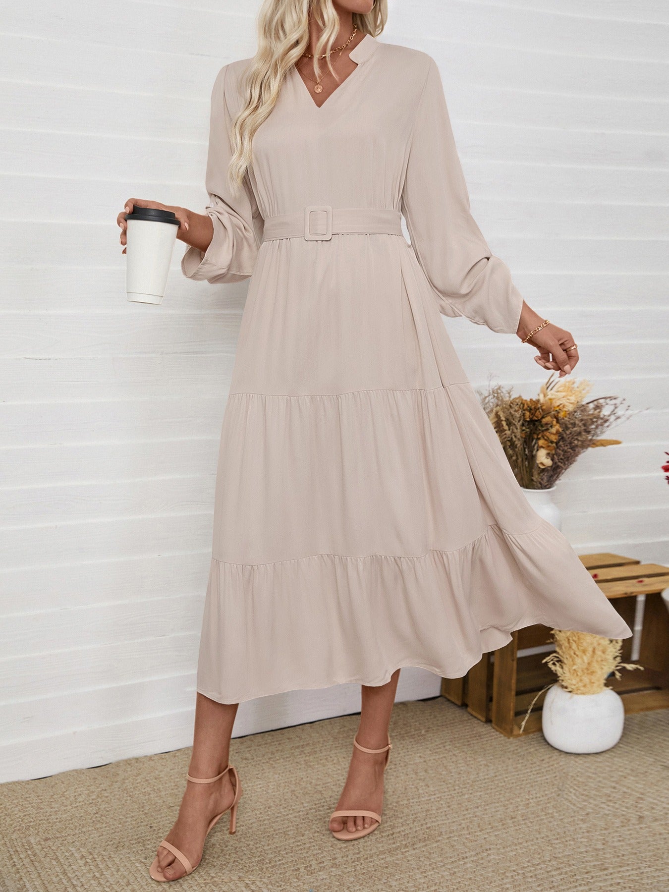 Beige Tiered Skirt With A Tie-Waist Detail