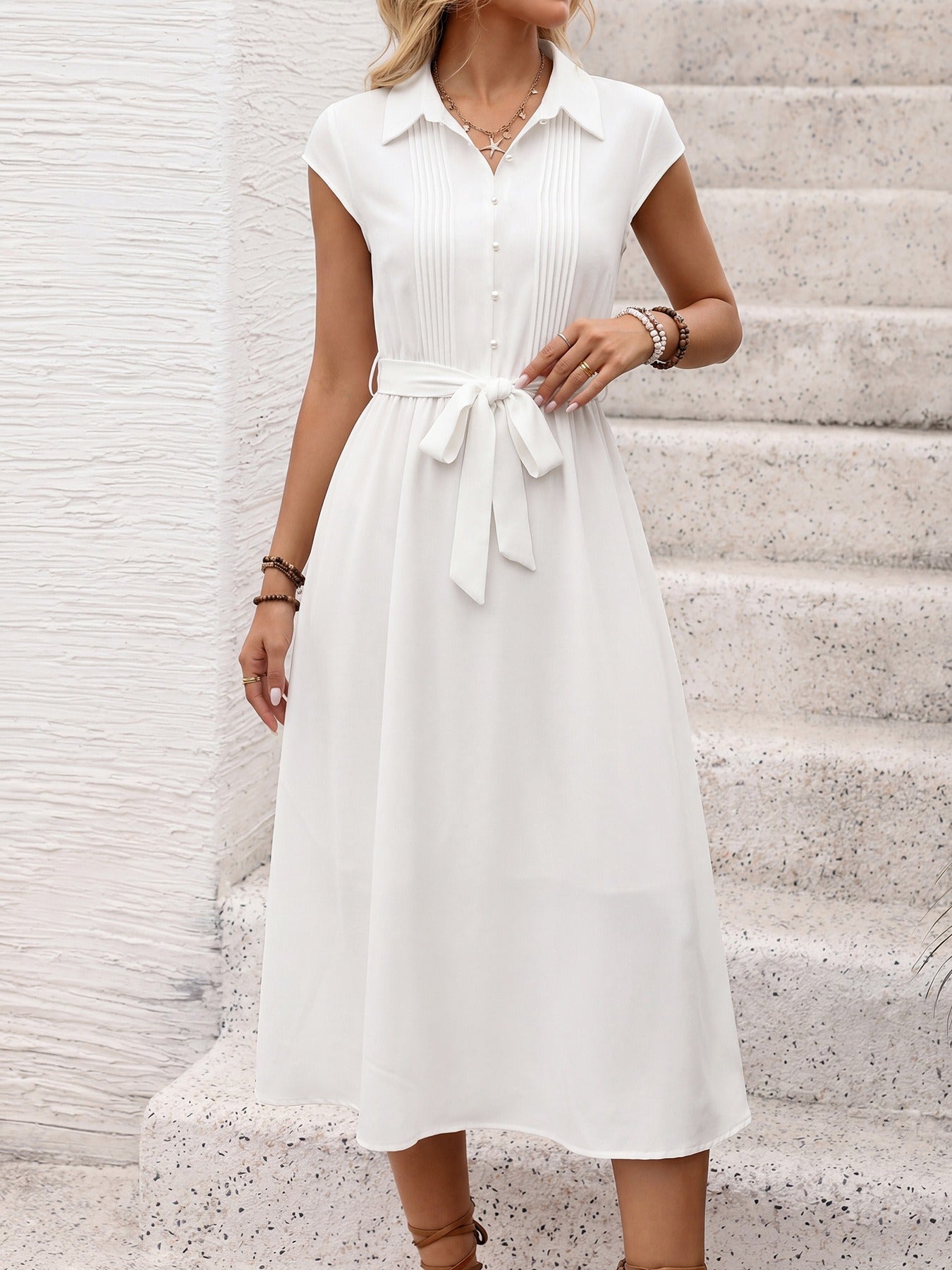 White Collared Dress With Piping Detail