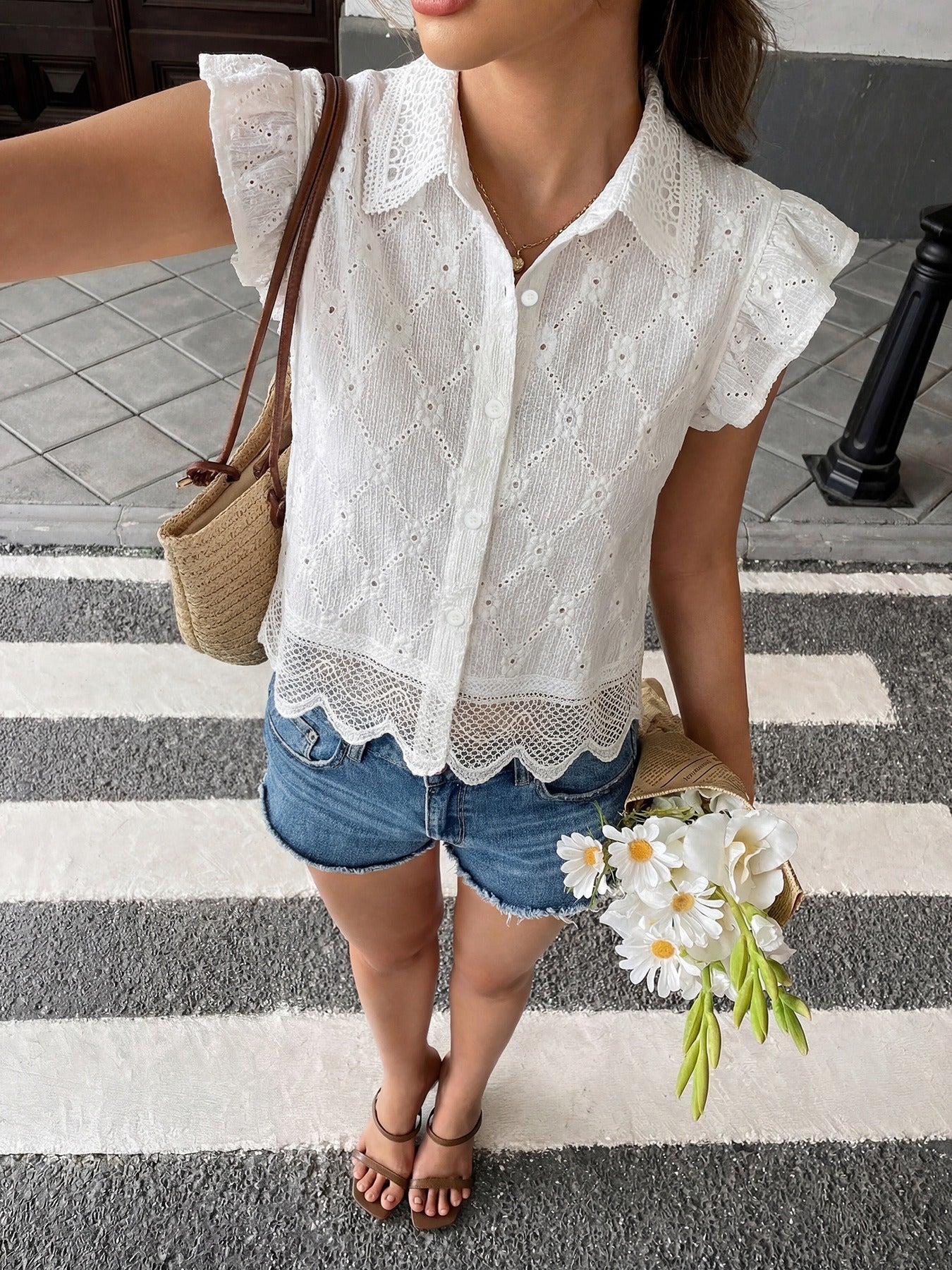 Solid-Color Jacquard Shirt With Flutter Sleeves