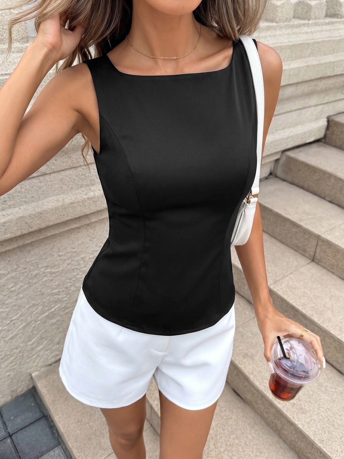 Black Off-The-Shoulder Sleeveless Cutout Shirt