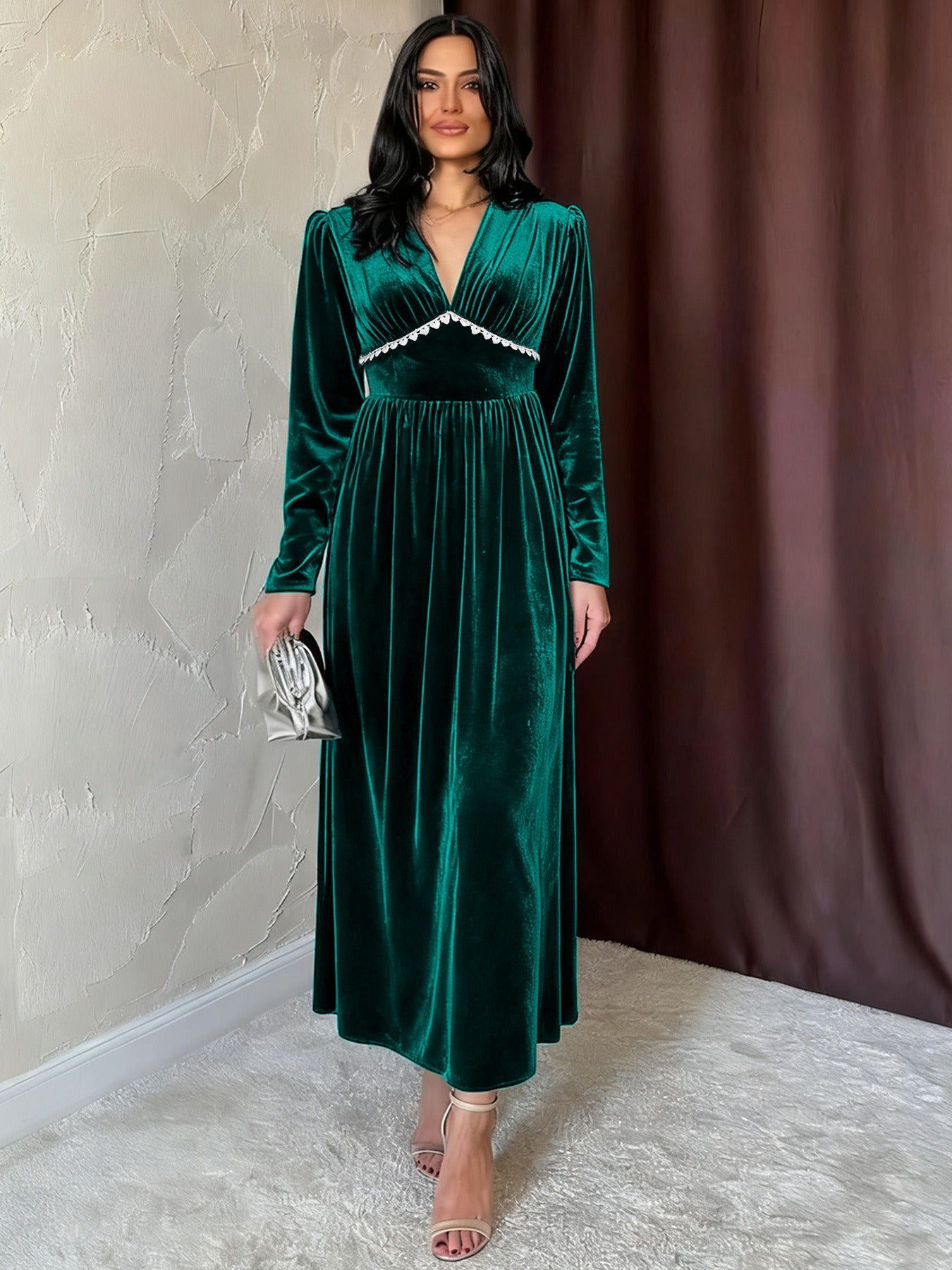 Green Velvet V-Neck Maxi Dress