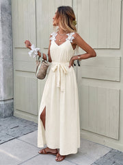 Floral Tie-Waist Slit Dress
