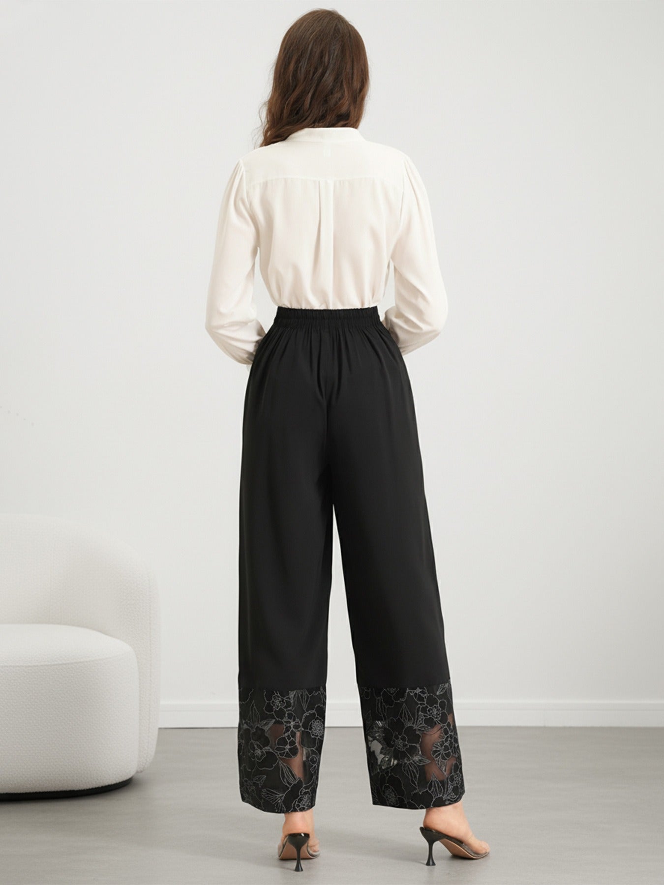 Sheer Lace-Panel Straight-Leg Trousers