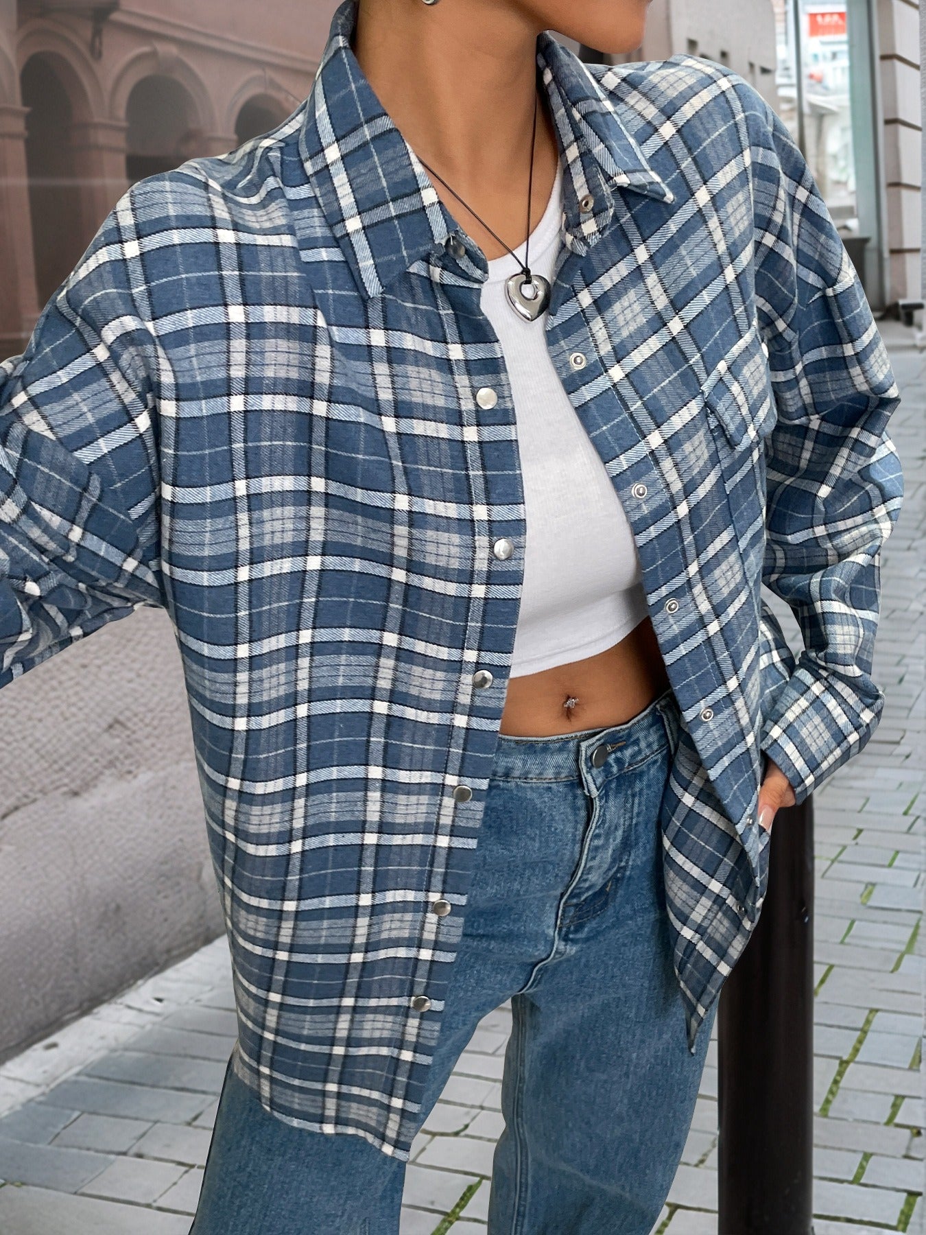 Casual Plaid Long-Sleeve Button-Front Top