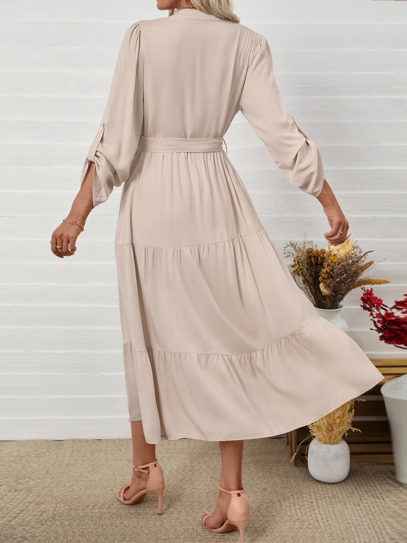Beige Tiered Skirt With A Tie-Waist Detail