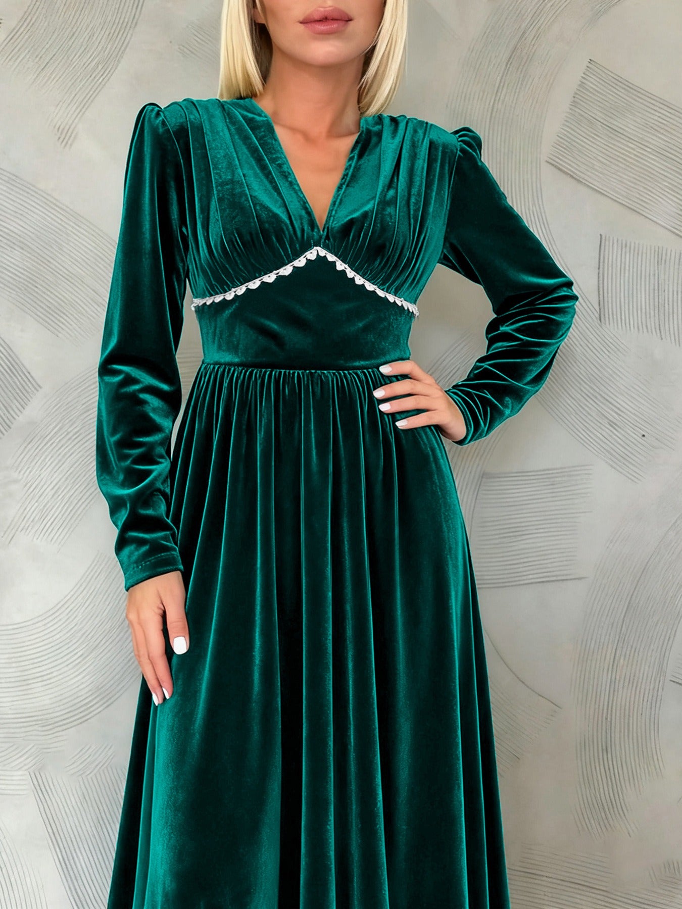 Green Velvet V-Neck Maxi Dress