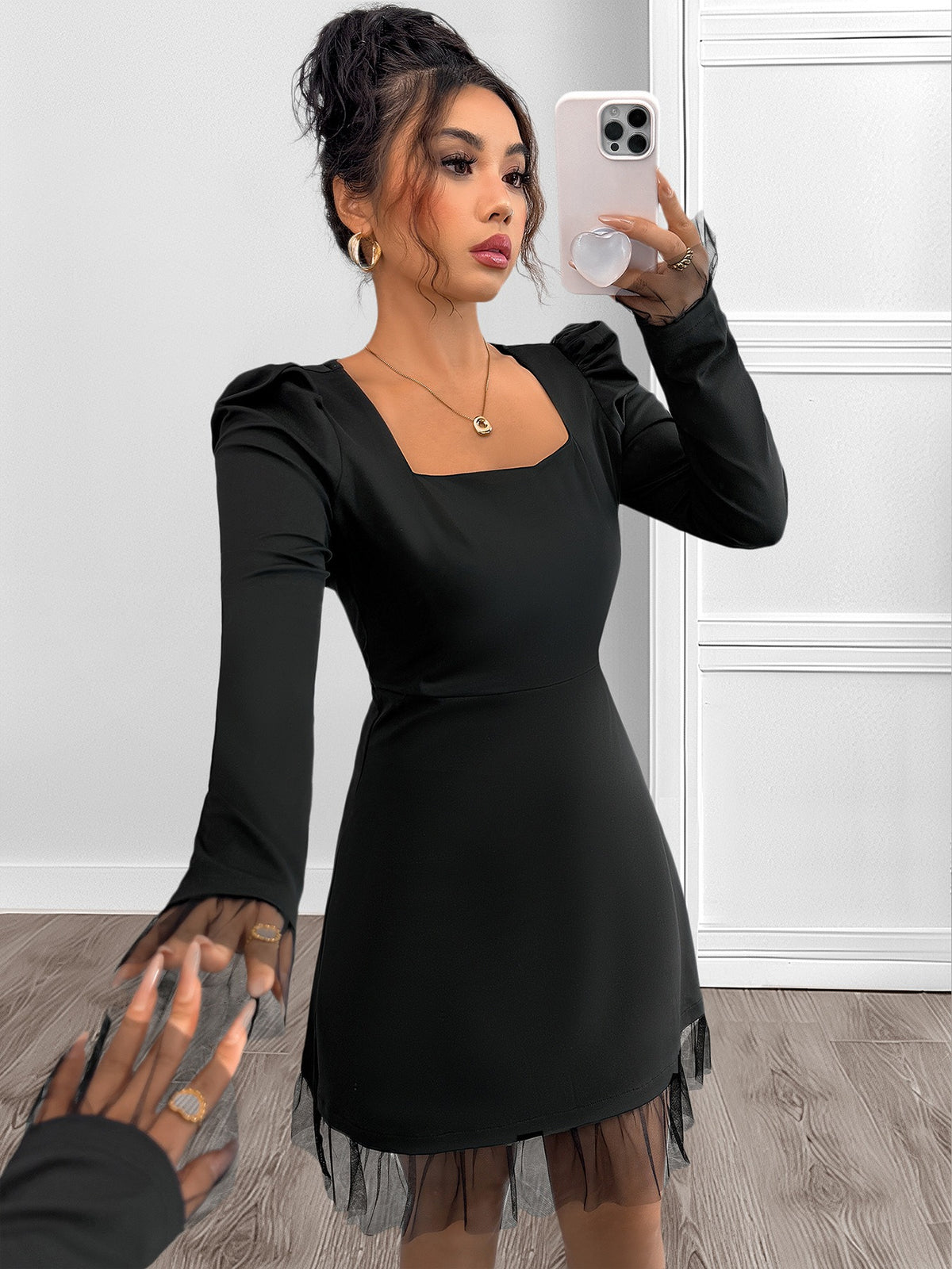 Black Tulle-Trimmed Long-Sleeved Dress