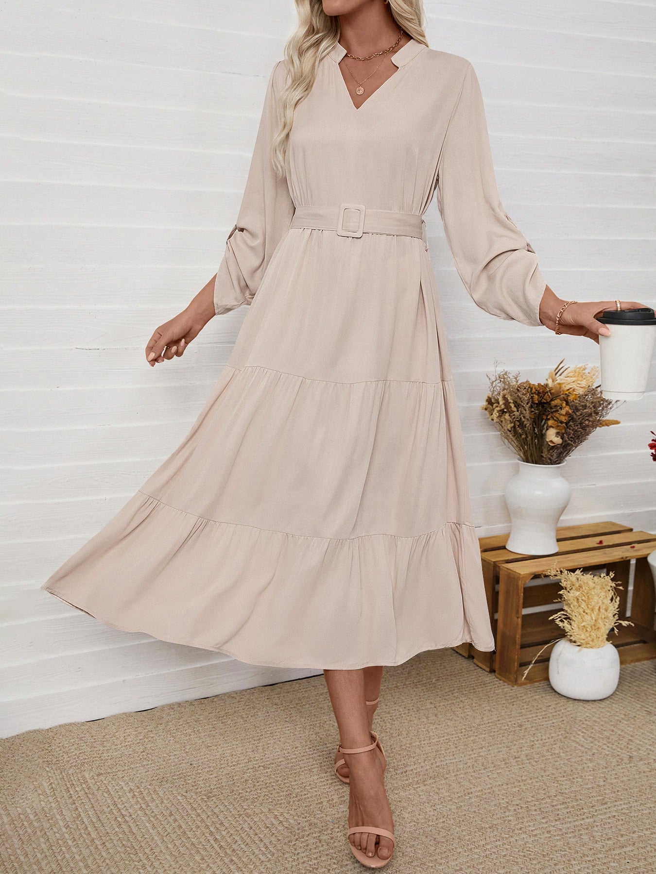 Beige Tiered Skirt With A Tie-Waist Detail
