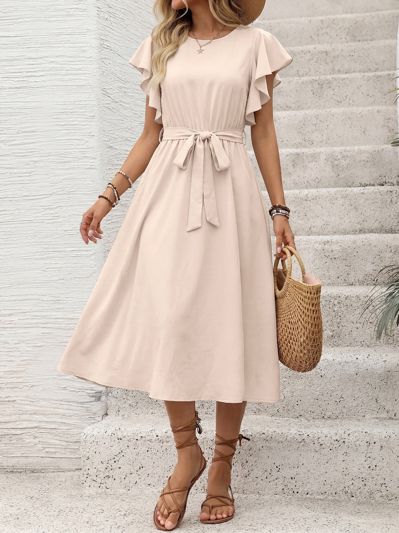 Casual Tie-Front Dress with Flutter Sleeves