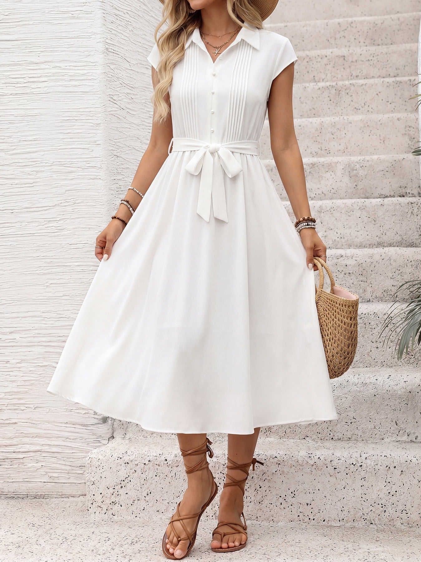 White Collared Dress With Piping Detail