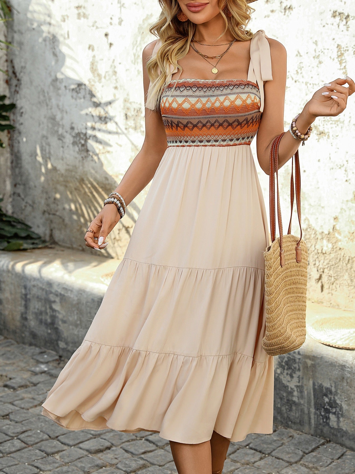 Ethnic Style Knit Patchwork Suspender Maxi Dress
