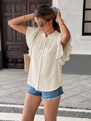 Solid-Color Casual Blouse With Lotus-Leaf Sleeves