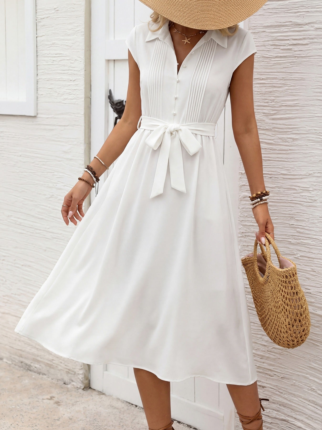 White Collared Dress With Piping Detail