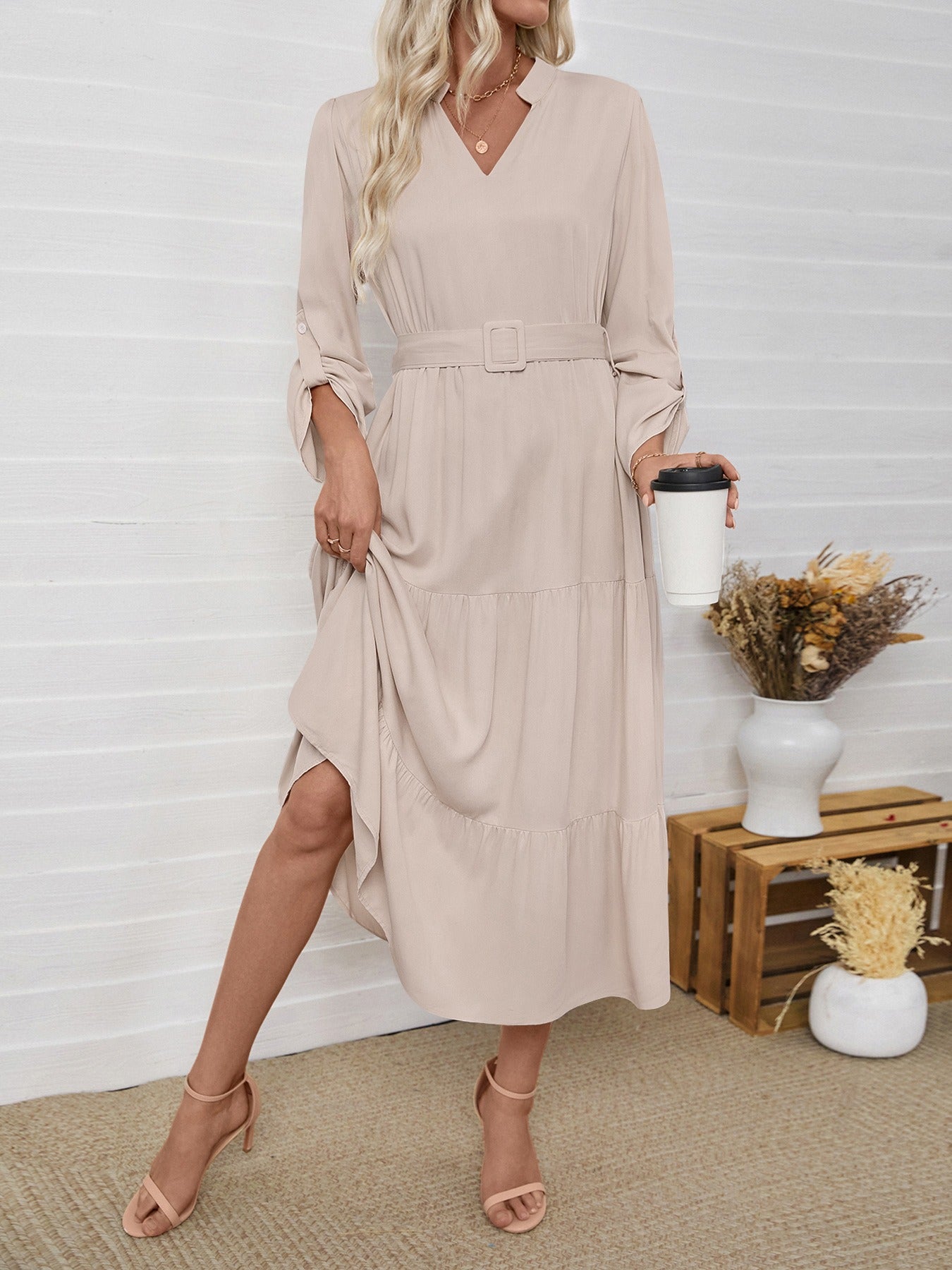 Beige Tiered Skirt With A Tie-Waist Detail