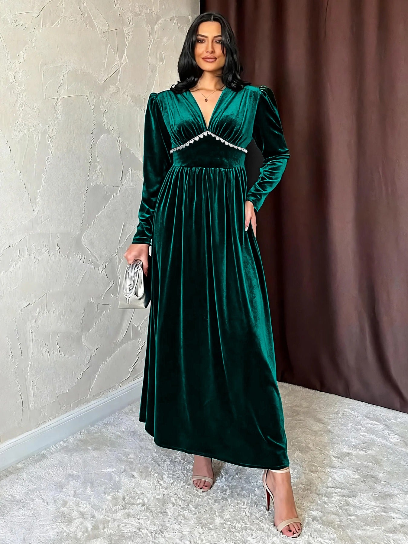 Green Velvet V-Neck Maxi Dress