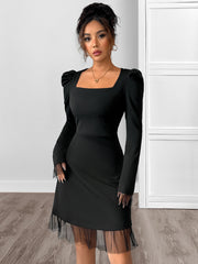 Black Tulle-Trimmed Long-Sleeved Dress