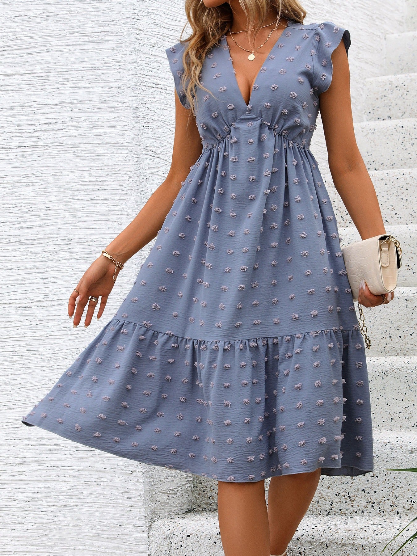 V-Neck Sleeveless Gathered Straight-Cut Dress