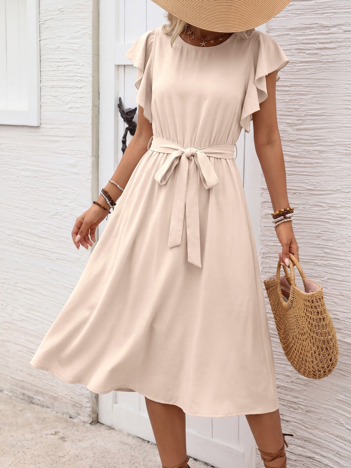 Casual Tie-Front Dress with Flutter Sleeves