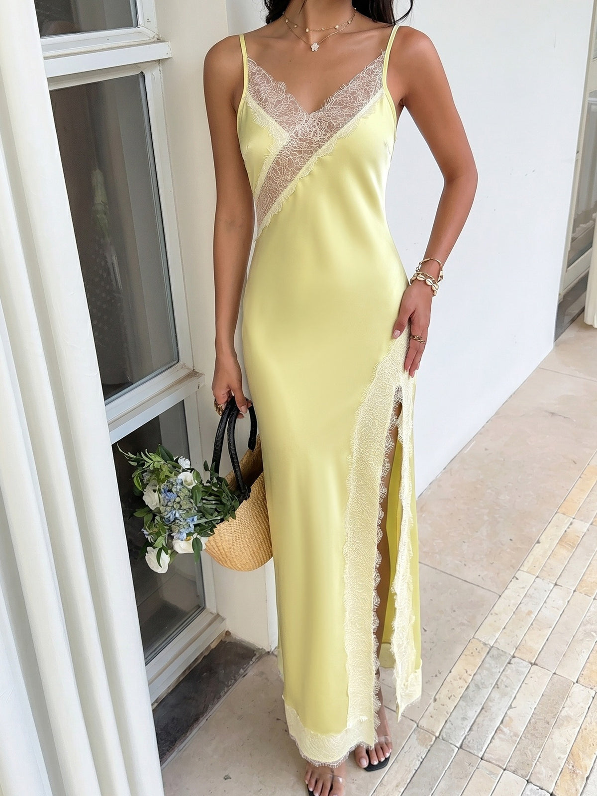 Yellow Camisole Dress With Lace Panels