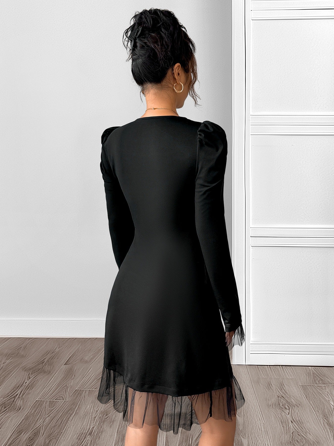 Black Tulle-Trimmed Long-Sleeved Dress