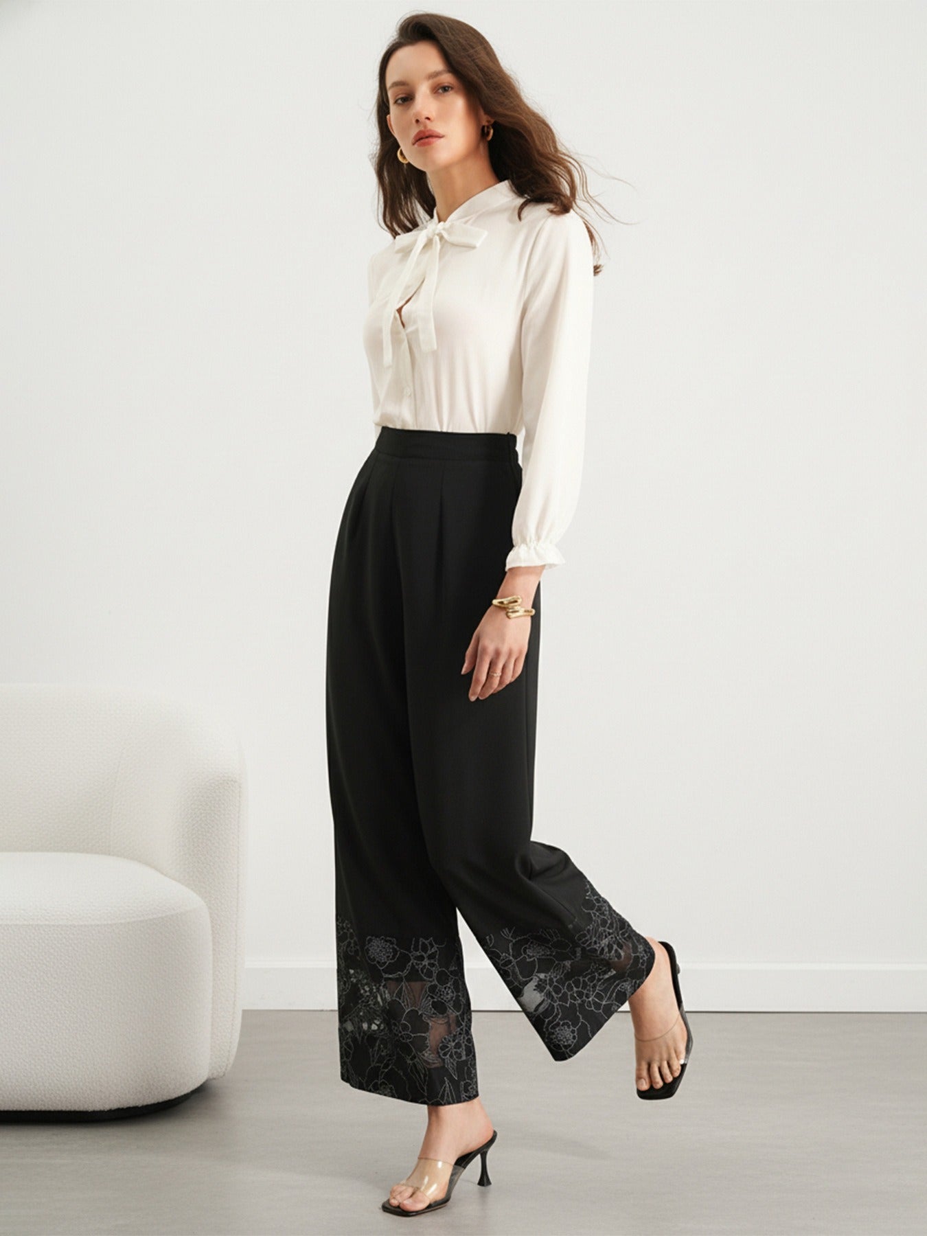 Sheer Lace-Panel Straight-Leg Trousers