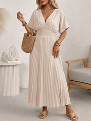 V-Neck Pleated Maxi Dress With Batwing Sleeves