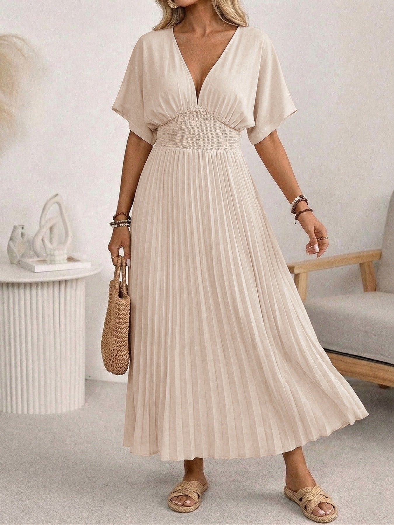 V-Neck Pleated Maxi Dress With Batwing Sleeves