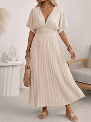 V-Neck Pleated Maxi Dress With Batwing Sleeves
